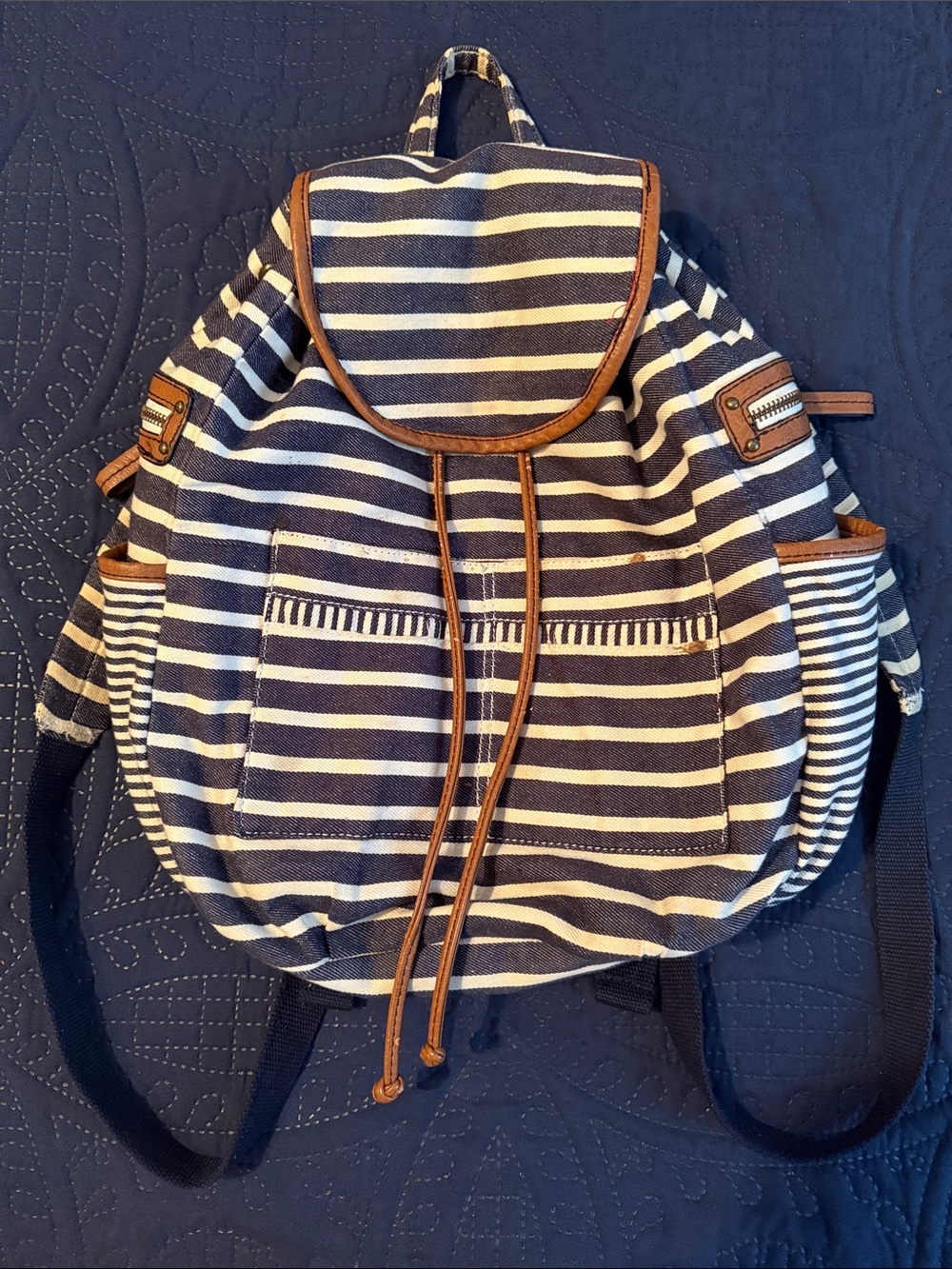 American Eagle Outfitters Navy and White Striped Canvas Backpack with Brown Trim